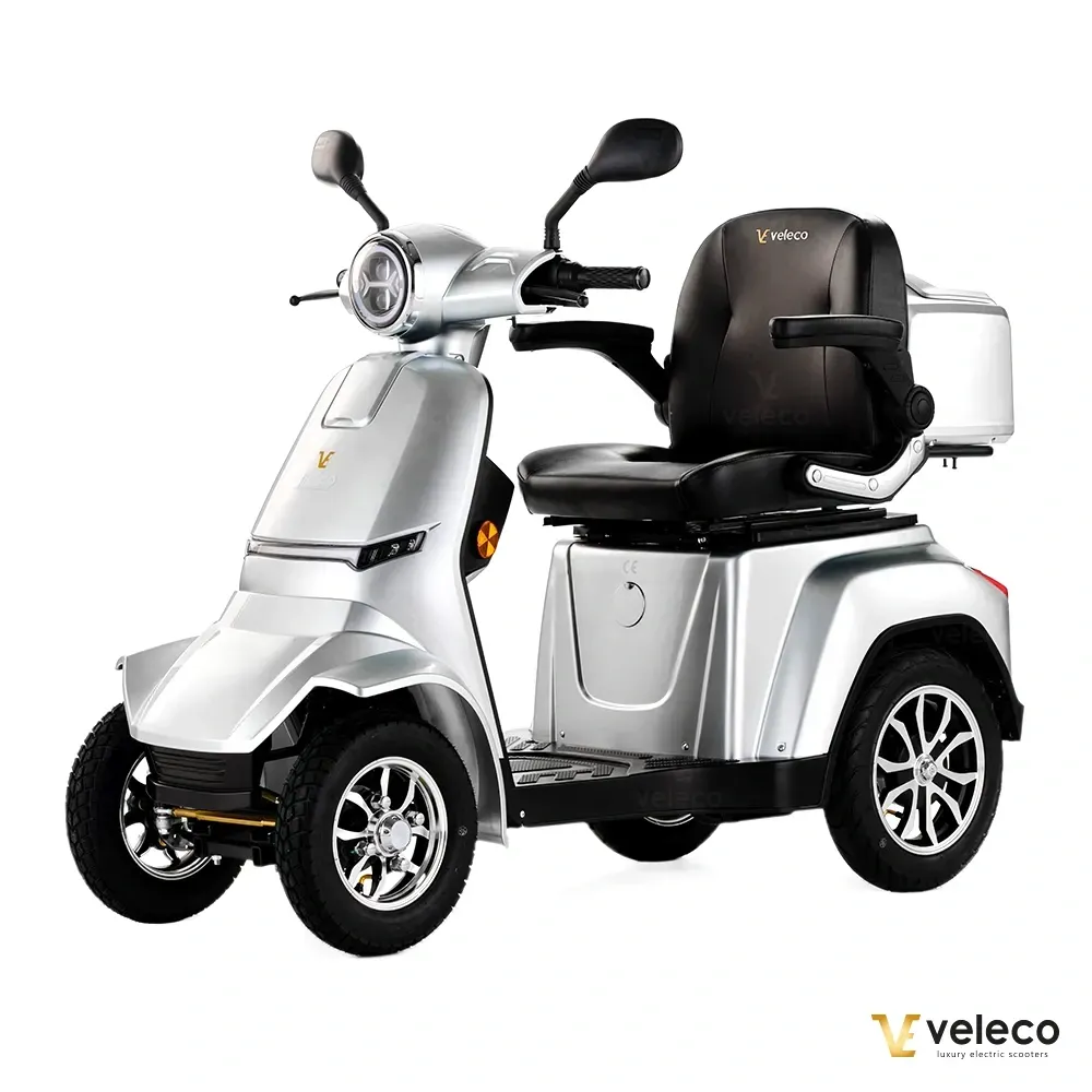 Scooter GRAVIS VELECO gris stabilité, sécurité, confort. Moteur 1000W, vitesse 25 km/h, autonomie 60 km, rangement spacieux, tableau de bord LED