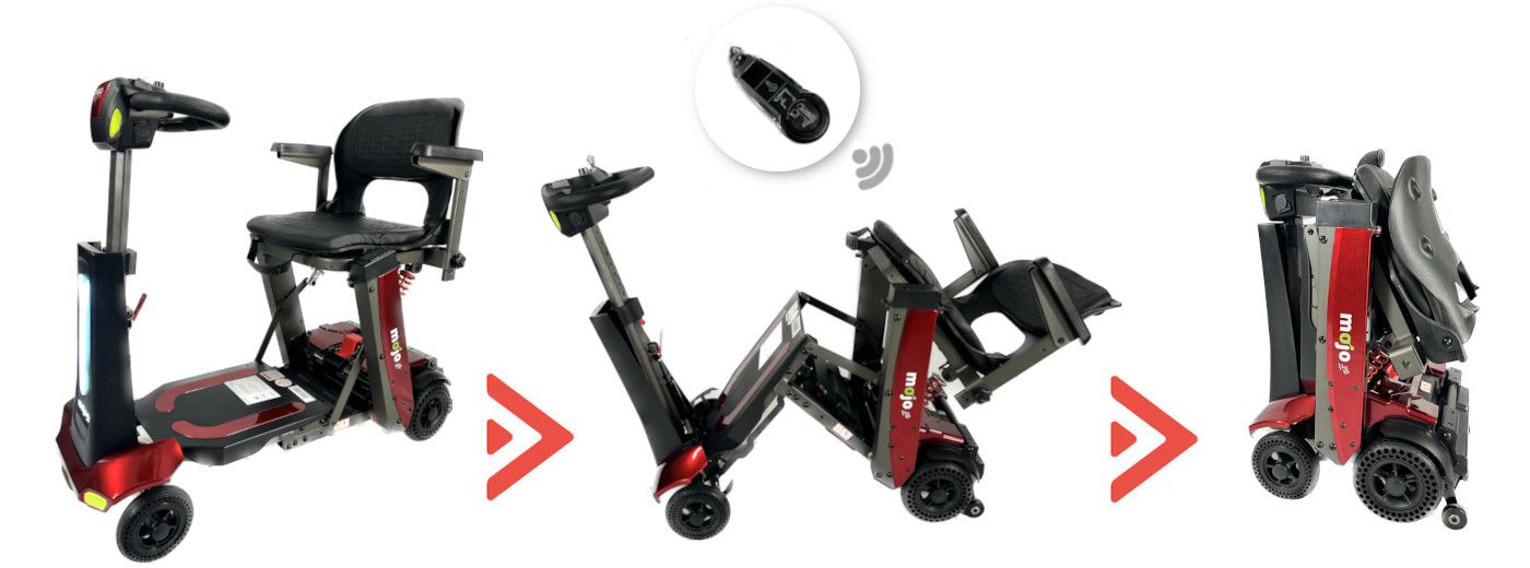 Pliage Scooter électrique 4 roues pliable Ergo MOJO Pliage automatique. Le scooter électrique Ergo MOJO Lit bénéficie d'un système de pliage automatique (télécommande, application mobile, bouton)