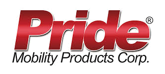 Pride Mobility Products France logo, featuring the word 'Pride' in large, bold red letters with a gradient effect, and 'Mobility Products France' in smaller, italicized black letters below it. There is a registered trademark symbol (®) next to the word 'Pride'.
