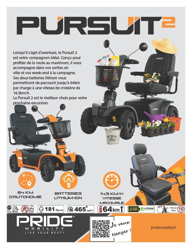 Scooter électrique PURSUIT 2 il vous accompagne dans vos sorties en ville et vos week-end à la campagne. Ses deux batteries lithium vous permettront de parcourir jusqu’à 64km par charge à une vitesse de croisière de 14,5km/h.