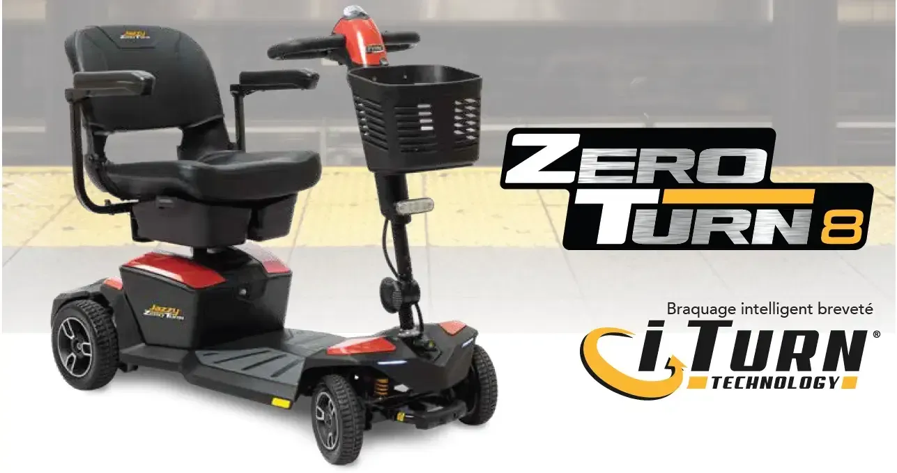 Scooter électrique Pride Jazzy Zero Turn 8 Carbon Long Life, 4 roues, maniabilité iTurn, autonomie jusqu'à 24 km, adapté à la mobilité réduite, présenté par PMR France