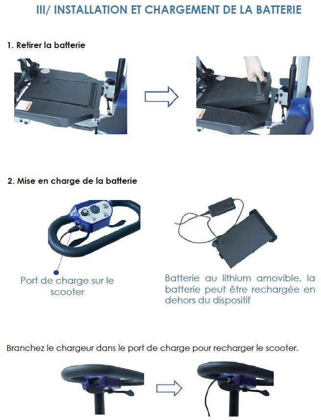 INSTALLATION ET CHARGEMENT DE LA BATTERIE INSTALLATION ET CHARGEMENT DE LA BATTERIE Batterie au lithium amovible, la batterie peut être rechargée en dehors du dispositif Branchez le chargeur dans le port de charge pour recharger le scooter