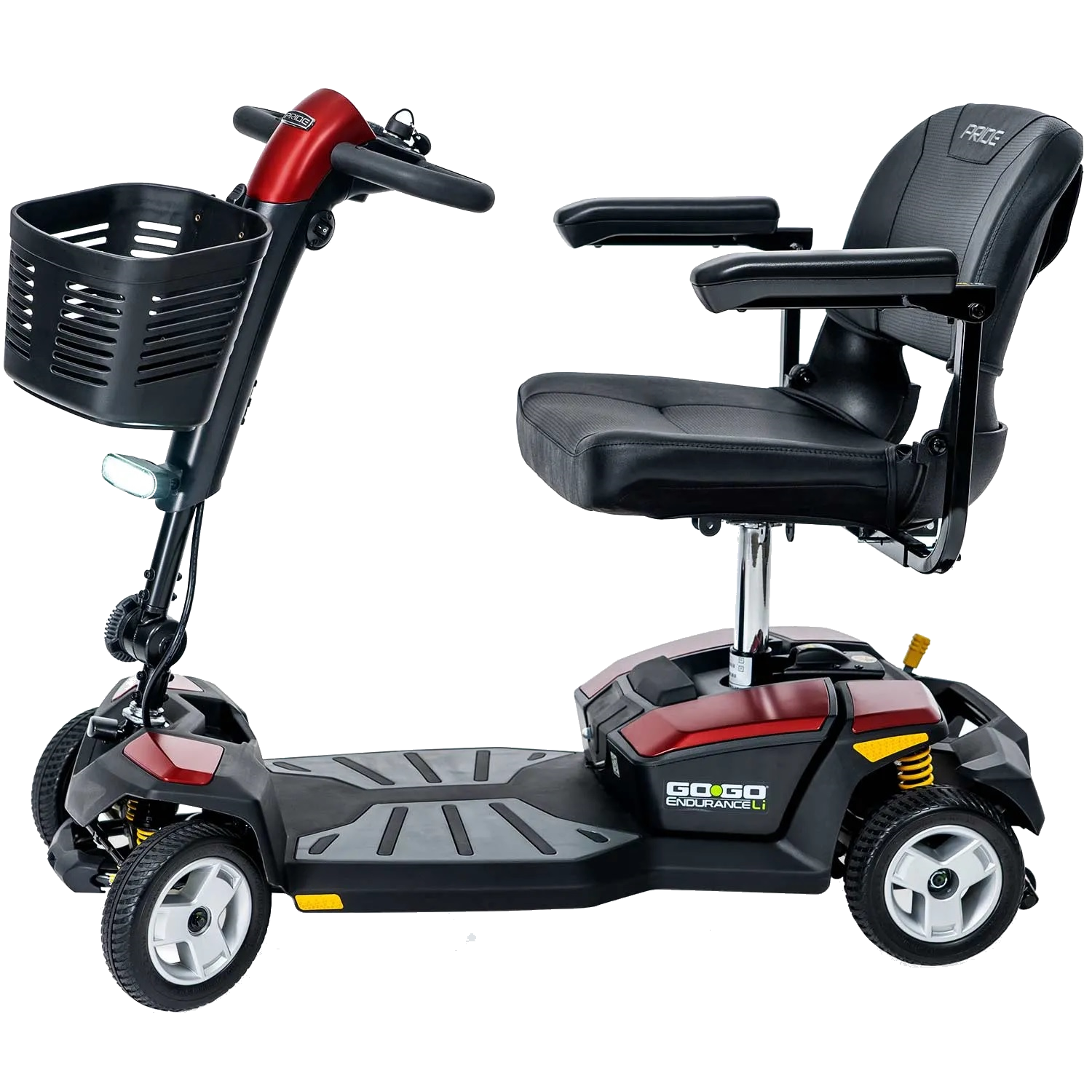 Scooter électrique Pride Go-Go Endurance Li de couleur rouge et noire, avec quatre roues, un panier avant, un siège confortable et un phare LED, vu de côté.