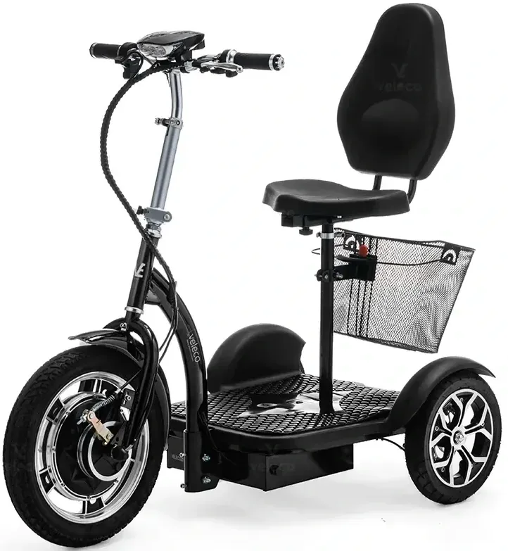 Trottinette ZT16 noir VELECO, confortable avec siège assis 3 roues, idéale pour une balade en ville. Découvrez-la maintenant!