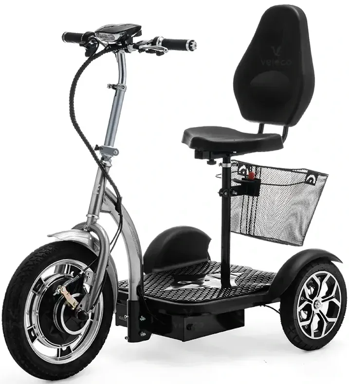 VELECO ZT16 - Scooter de mobilité 3 roues - Entièrement assemblé et prêt à l'emploi - Grandes roues - Facile à manœuvrer - Freins avant et arrière - Panier à provisions amovible(ARGENT)