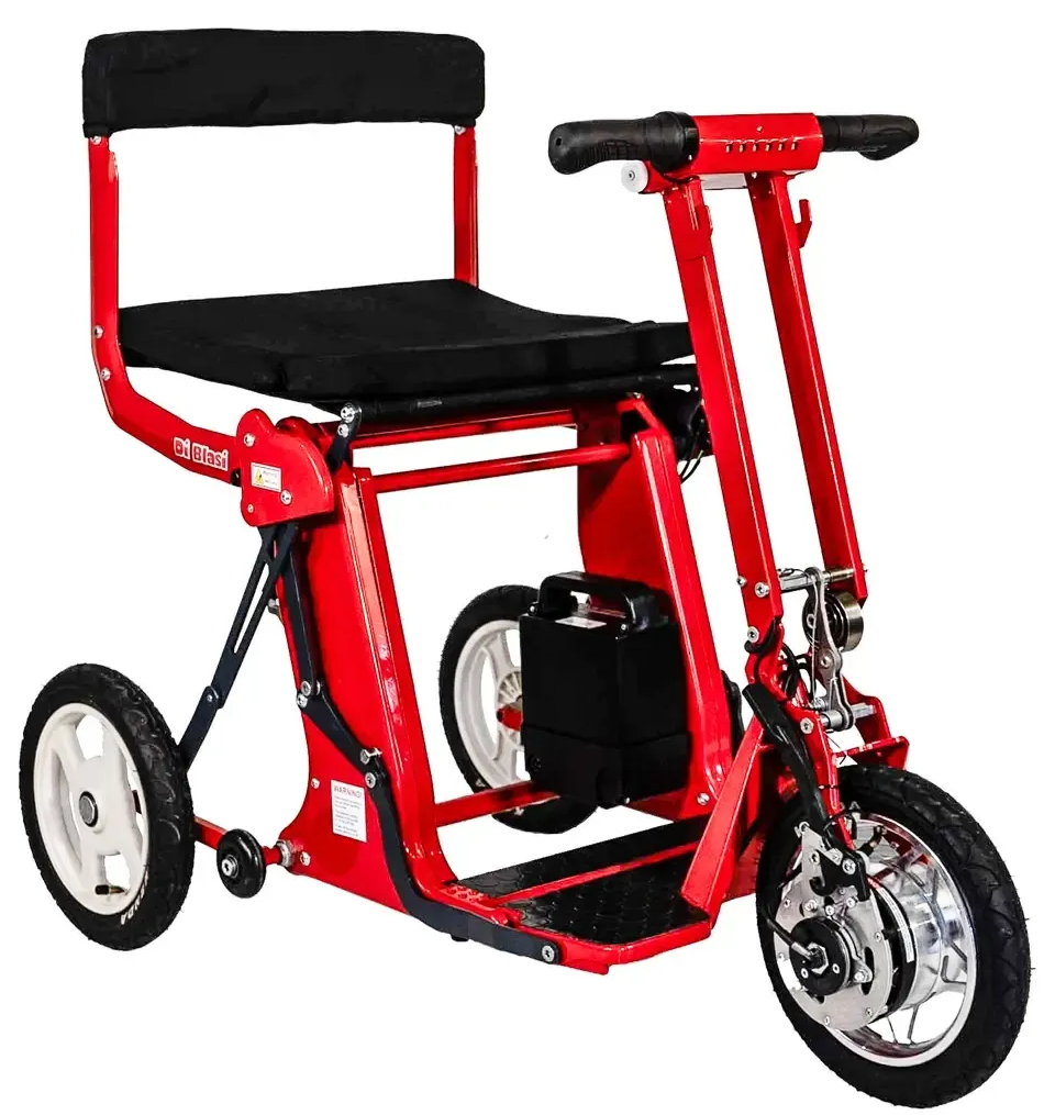 Scooter pliable rouge Diblasi R30 avec siège assis 3 roues : mobilité pratique et confortable pour tous.