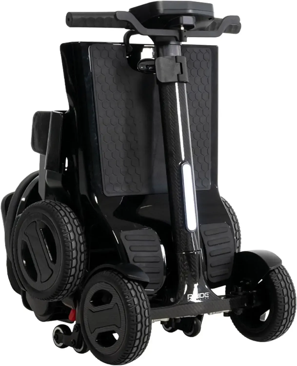 Scooter électrique pliable Pride Go-Go Carbon noir, vu de face en position pliée, mettant en évidence son design compact et ses roues, avec le logo 'Pride' visible en bas.