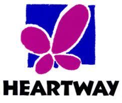 Logo Heartway, représentant un papillon stylisé rose sur fond bleu, fabricant de fauteuils roulants et scooters électriques