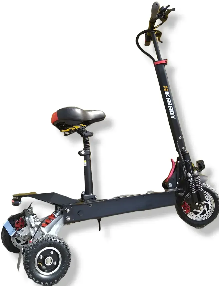 Trottinette électrique tout terrain Hikerboy avec siège pour PMR. Conduite souple et sécurisée sur 3 roues