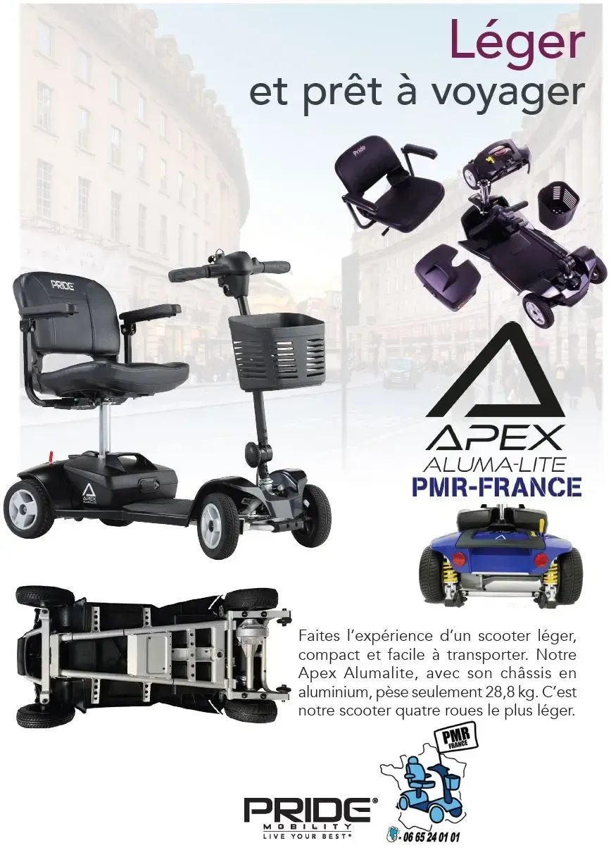 Faites l’expérience d’un scooter léger, compact et facile à transporter.
Le Apex Alumalite, avec son châssis en aluminium, pèse seulement 28,8 kg. C’est le scooter quatre roues le plus léger.