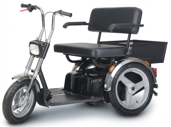 Scooter électrique Baroudeur 10 km/h 3 roues convient aux chemins inégaux, pentes, ... Dossier de siège réglable / 3 positions; Siège double (de 85 cm de large) avec large