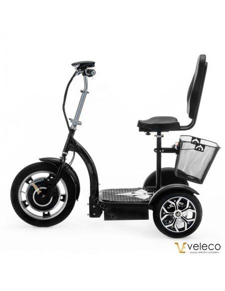 scooter électrique ZT16 de VELECO avec selle, dossier moteur de 750 watts, panier, pour PMR ou handicap