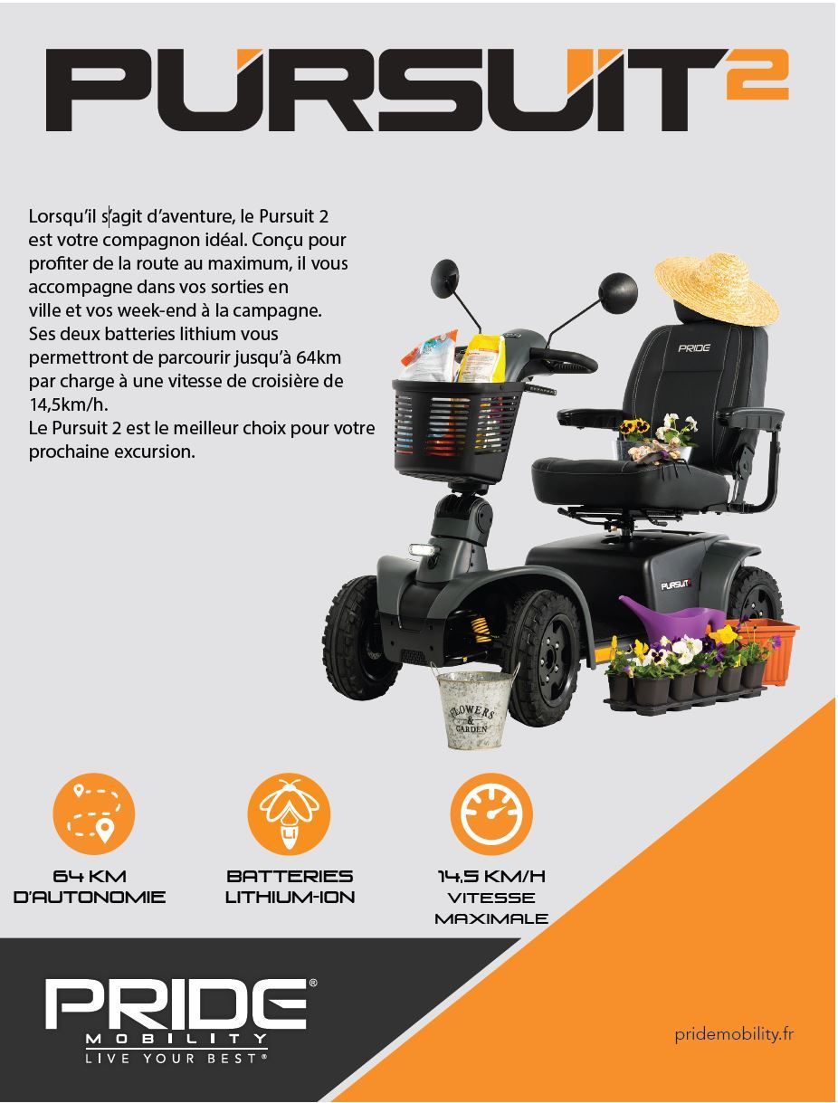 Scooter électrique PURSUIT 2 il vous accompagne dans vos sorties en ville et vos week-end à la campagne. Ses deux batteries lithium vous permettront de parcourir jusqu’à 64km par charge à une vitesse de croisière de 14,5km/h.