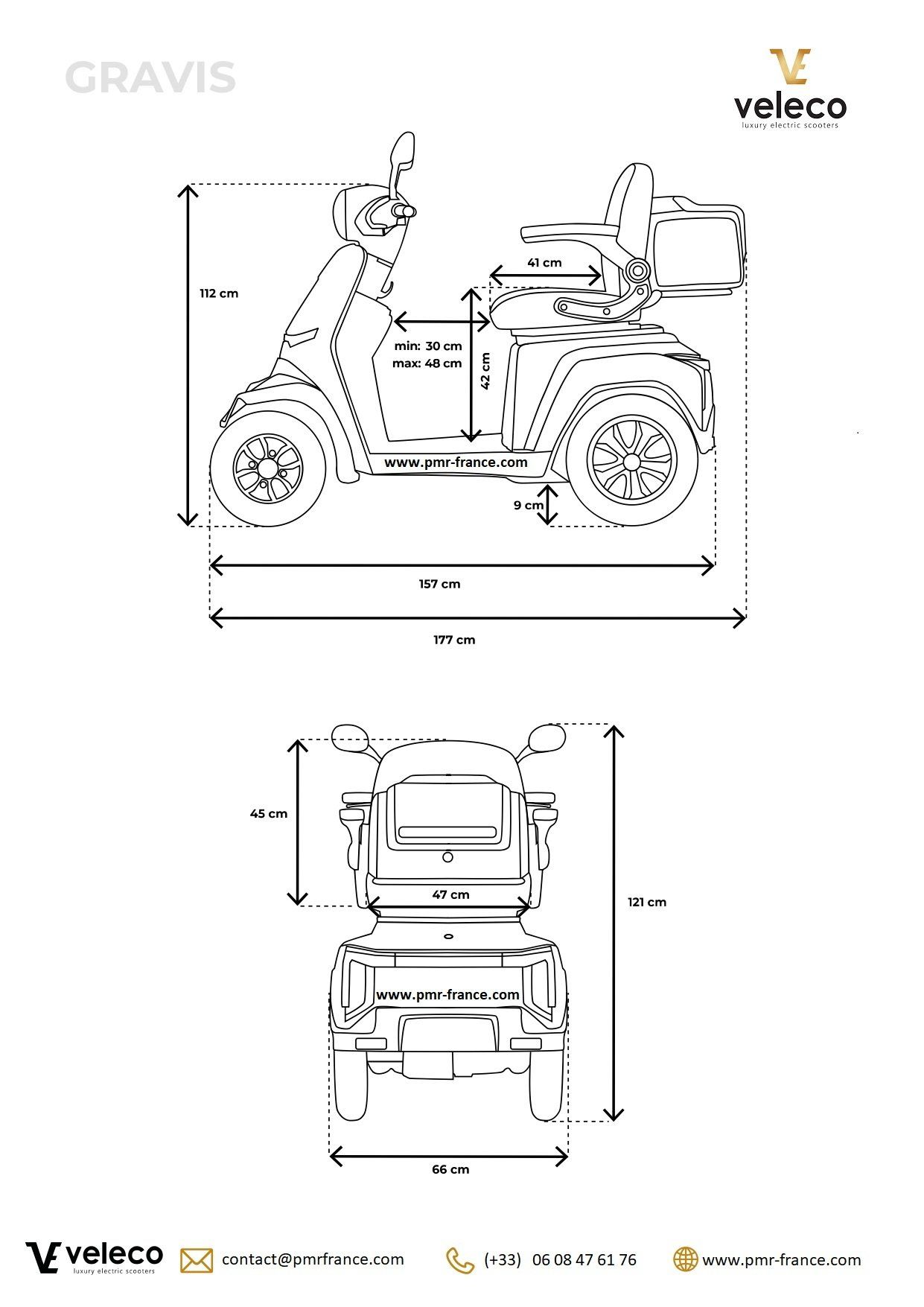 Caractéristiques :VELECO GRAVIS SCOOTER POUR PMR SENIOR ET HANDICAPÉS HOMOLOGUÉE ROUTE Pour ceux qui souhaitaient une assise encore plus confortable, le modèle GRAVIS surprend également avec cette fonctionnalité. Désormais, les très longues randonnées sont non seulement élégantes mais encore plus agréables qu'avant. Quelles sont les autres fonctionnalités impressionnantes ? Piles et chargeur inclus Affichage LED Compteur de vitesse et odomètre Démarrage progressif Rangement verrouillable sous le siège et boîte de verrouillage Jantes en aluminium Marche arrière, Frein de stationnement Fauteuil réglable Feux de détresse Rétroviseurs Suspensions avant et arrière Éclairage complet Position du siège réglable chargeur USB Porte-gobelet, Poignée shopping