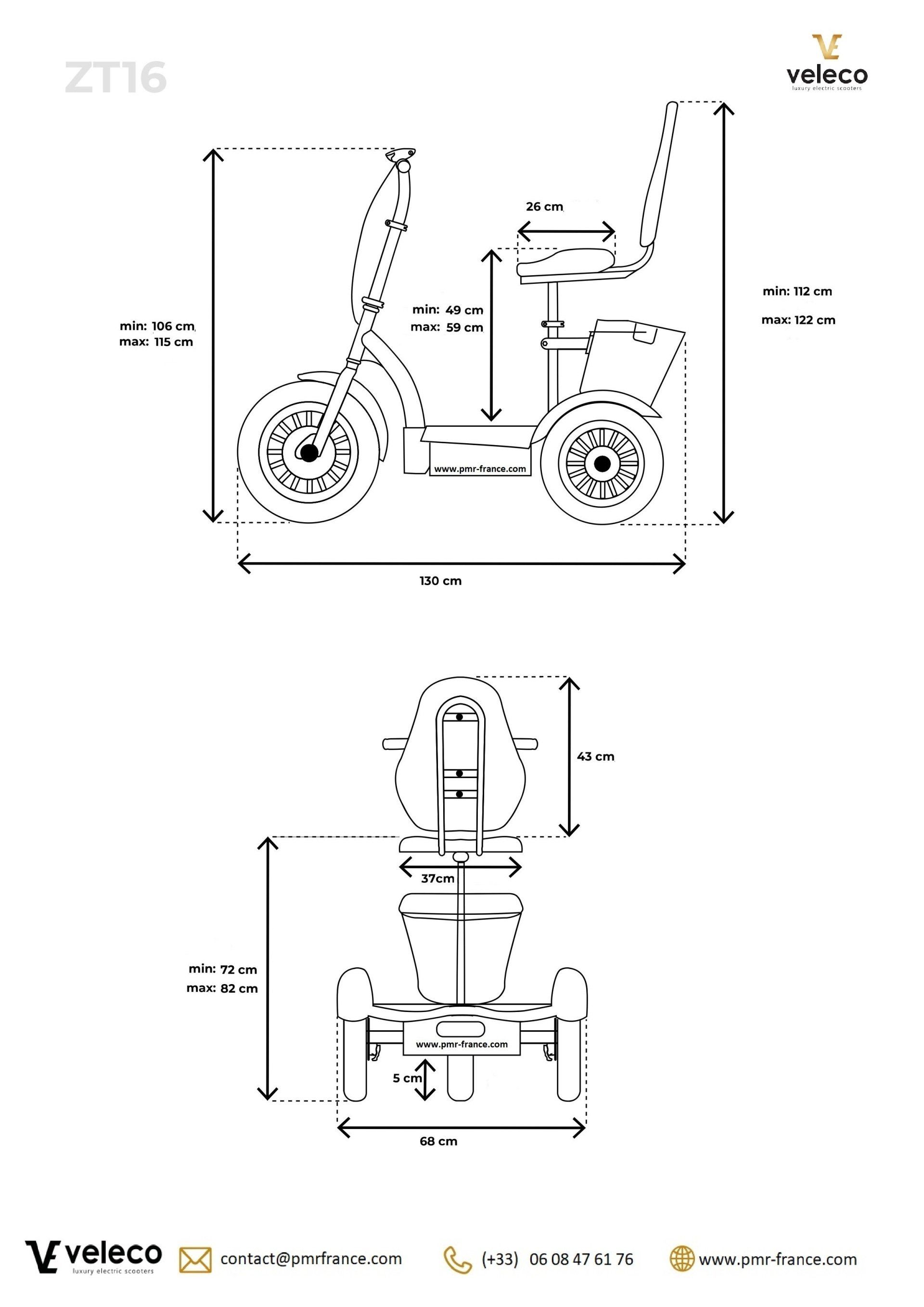 Dimensions entre les 2 roues arrières : 68 cm (tient parfaitement en équilibre) Trottinette électrique ZT16 de Veleco pour seniors, personnes âgées et handicapés.