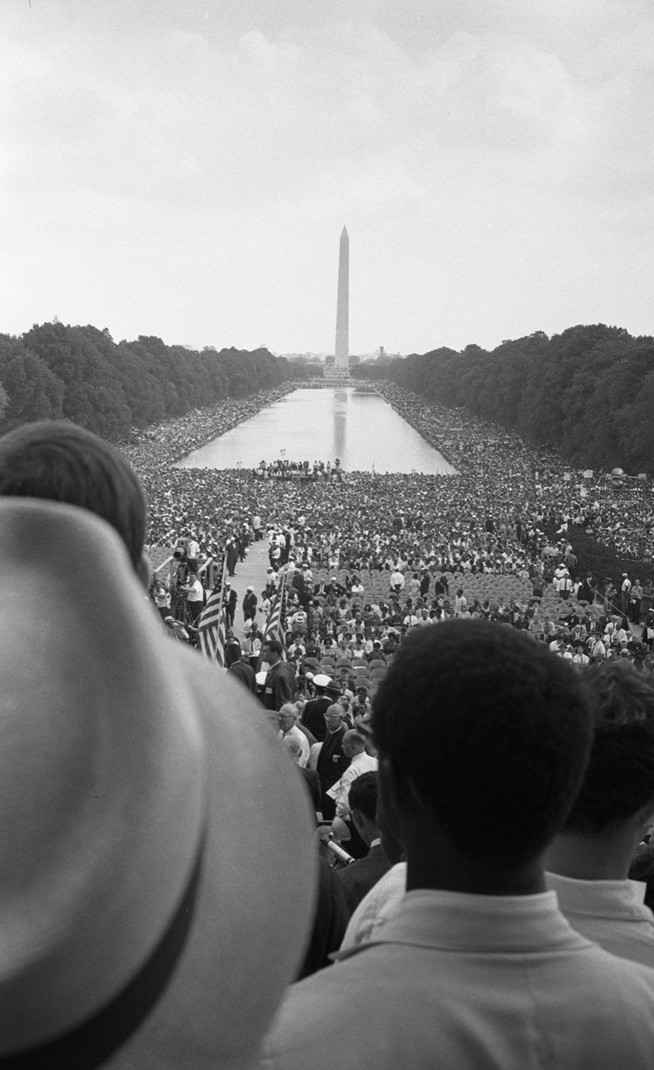 Vast crowd on National Mall facing Reflecting Pool and Washington Monument, surrounded by trees, with backs of individuals in foreground.