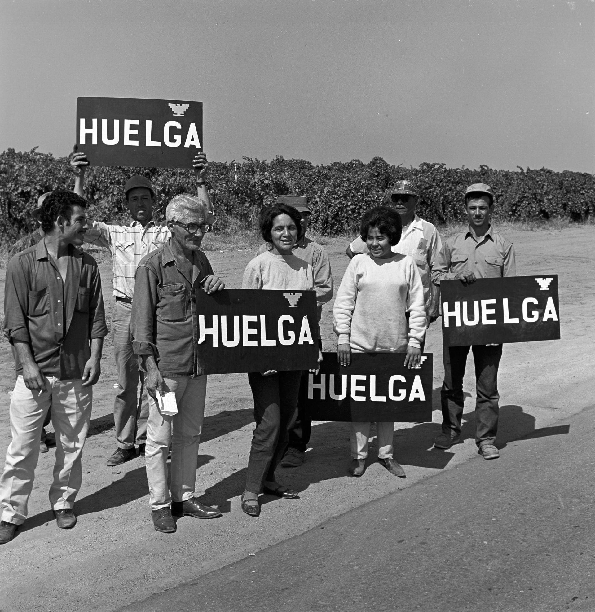 Seven people, including men and women, hold