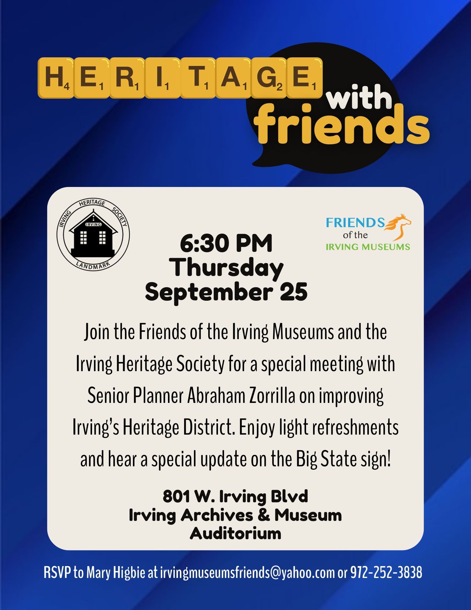 Advertisement for Heritage with Friends, 6:30 Thursday September 25