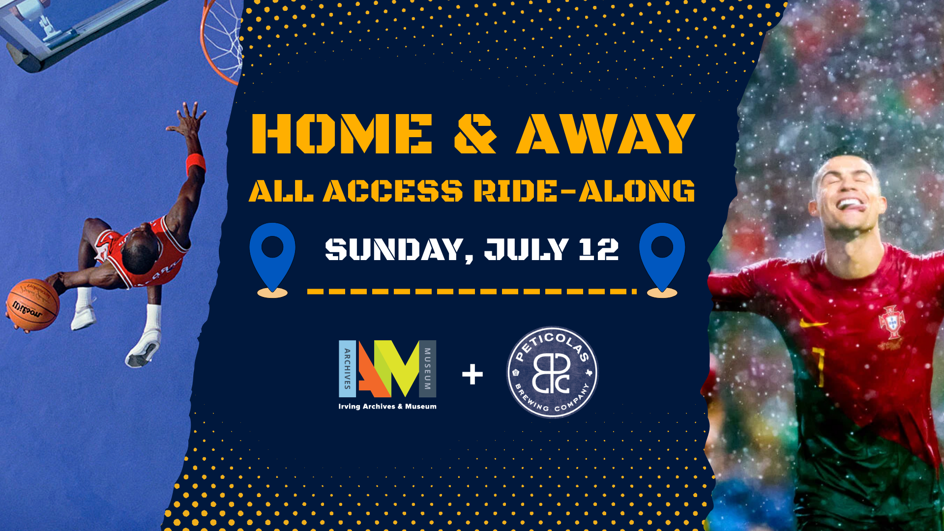 Advertisement for Home and Away All Access Ride-Along event collaboration with Peticolas Brewing Company on Sunday, July 12th