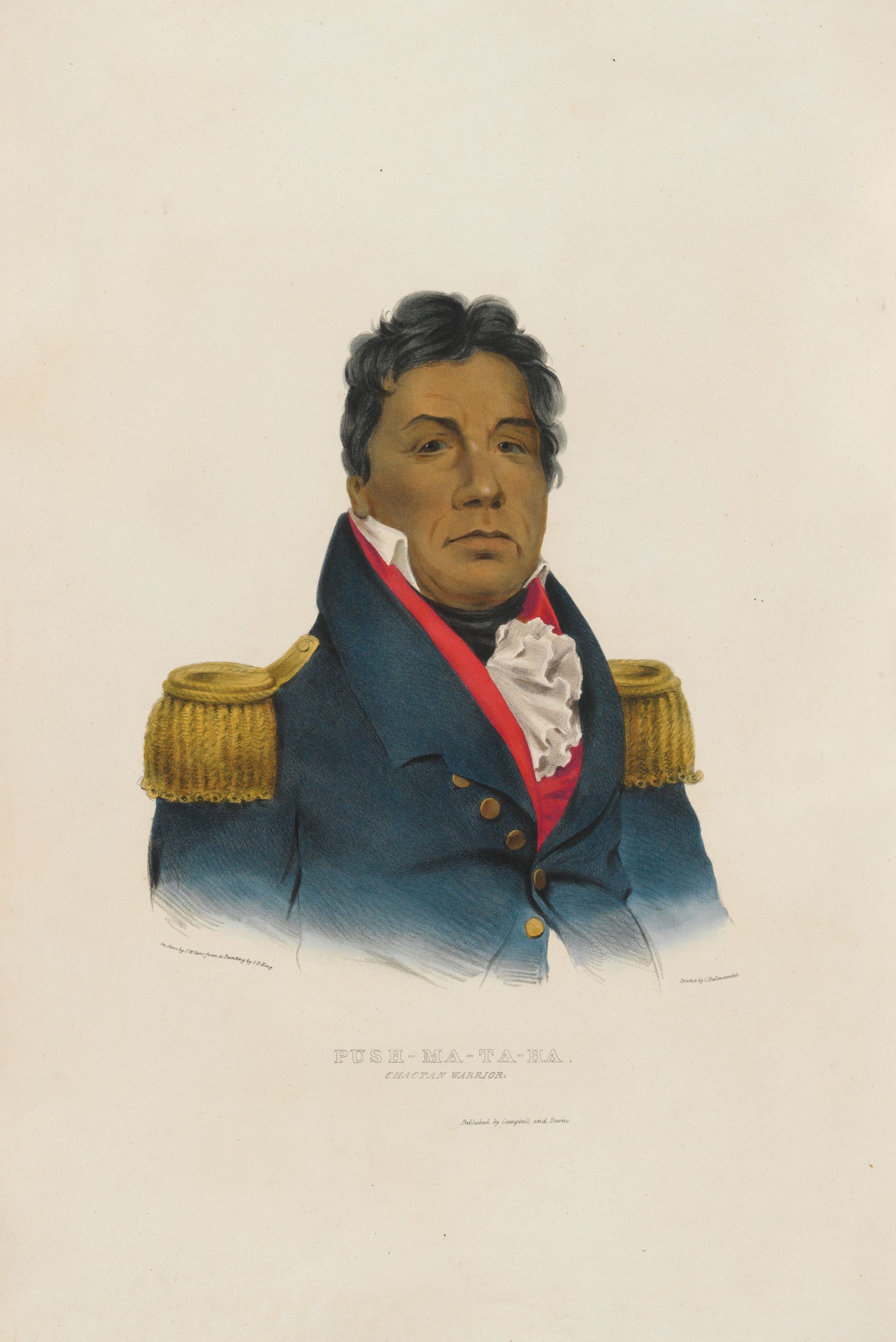 Portrait of Push-Ma-Ta-Ha, a Choctaw warrior, in a blue military coat with gold epaulets and a red sash.