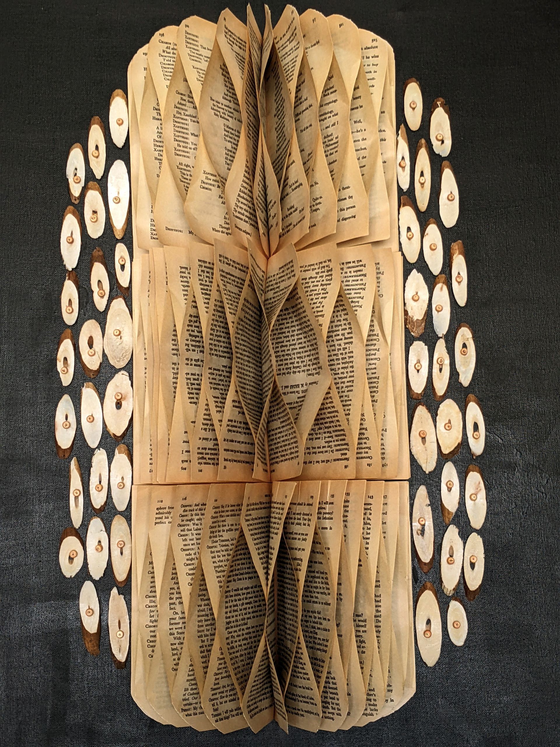 Art piece of fanned book pages and wooden ovals with copper brads on a dark gray background.