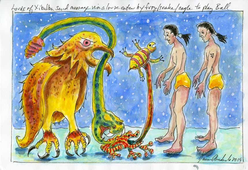 Illustration of a yellow bird, green snake, striped frogs, and two men in yellow shorts against a speckled blue background.