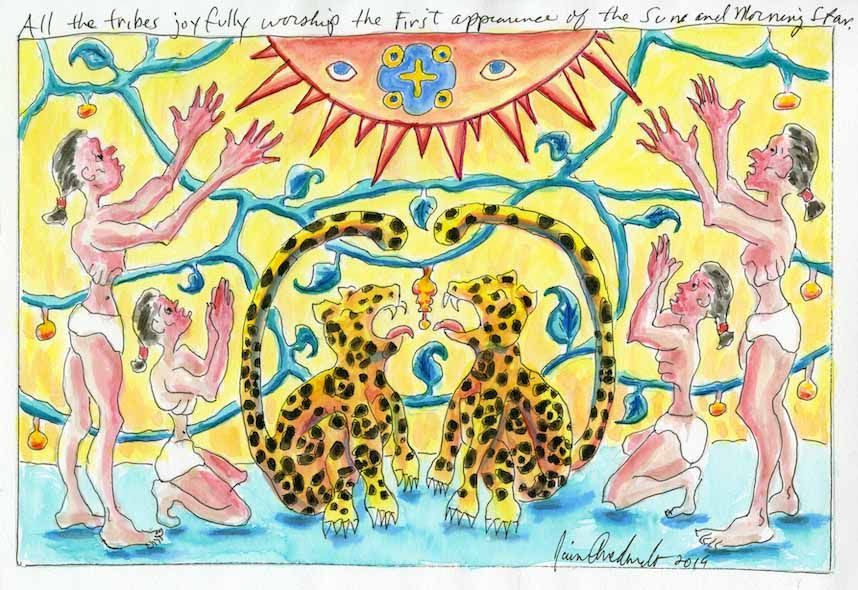 Illustration with vibrant colors of four figures and two jaguars worshiping a stylized sun.