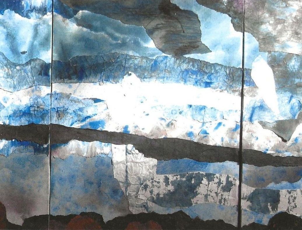 Abstract collage of torn paper in blues, whites, grays, and blacks with a prominent horizontal black strip.