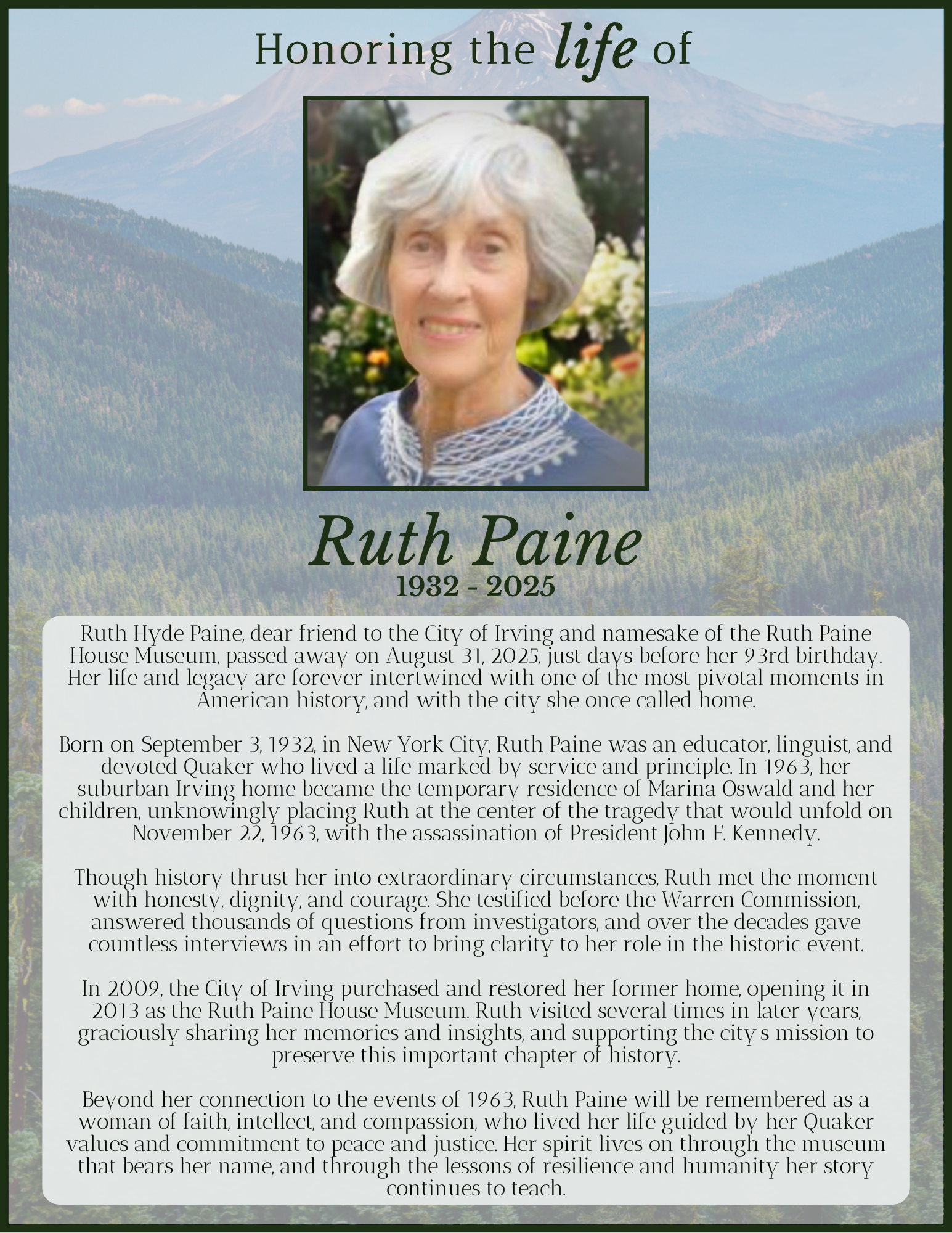 Honoring the life of Ruth Paine