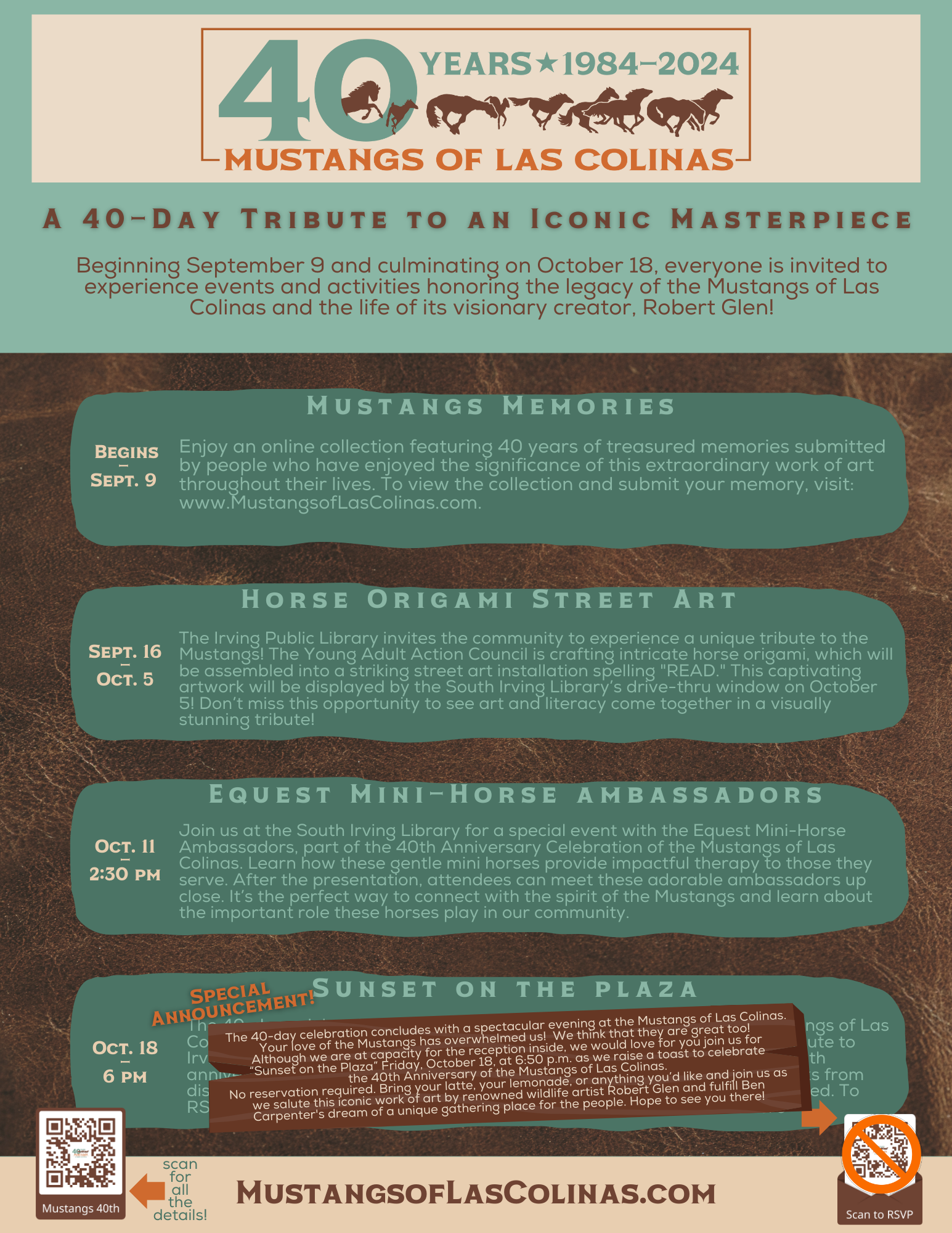 Advertisement for 40 Years of Mustangs of Las Colinas. A 40 Day tribute to an Iconic Masterpiece.
