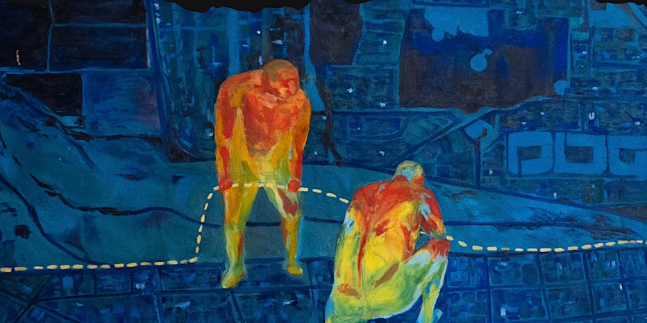 Painting of two red, orange, and yellow figures on a dark blue abstract background with a broken white line.