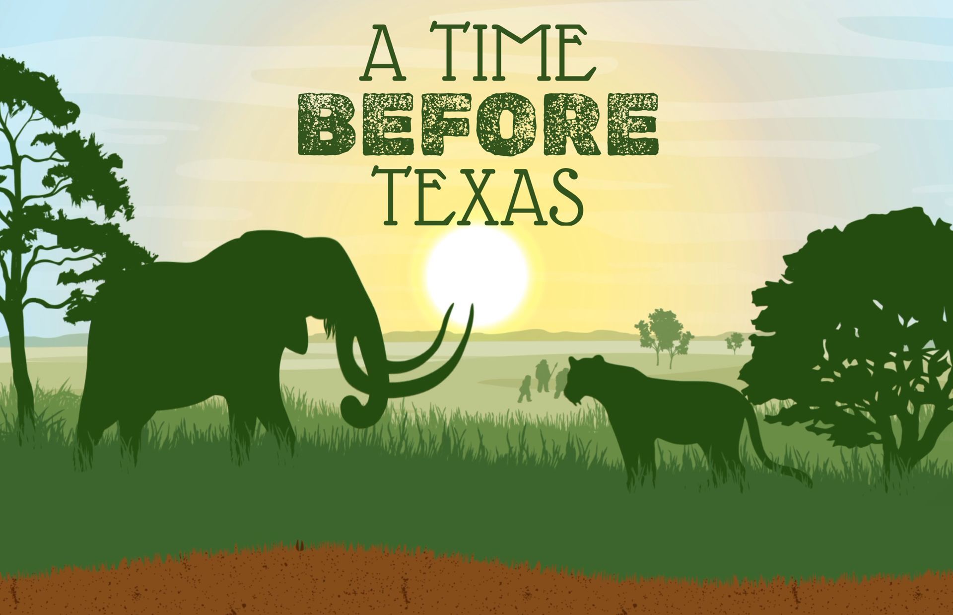 Prehistoric landscape with woolly mammoth, saber-toothed tiger, setting sun, and text