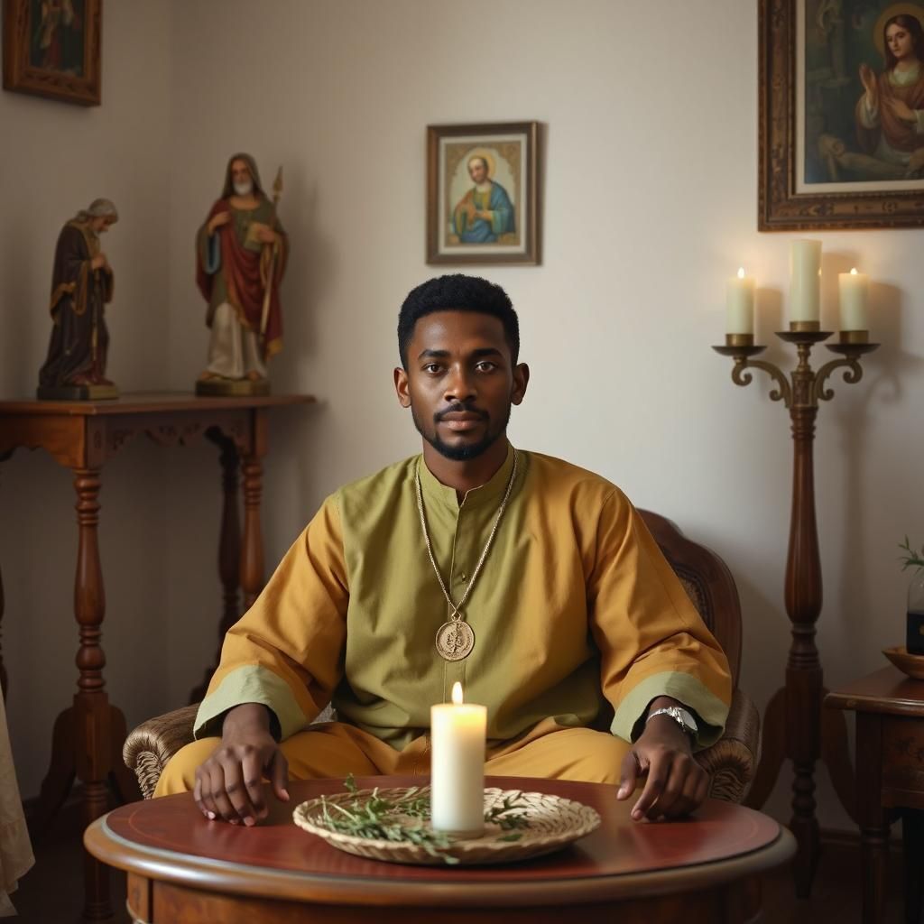 Babalawo Javier realizando consulta espiritual en Tenerife con caracoles y Orula