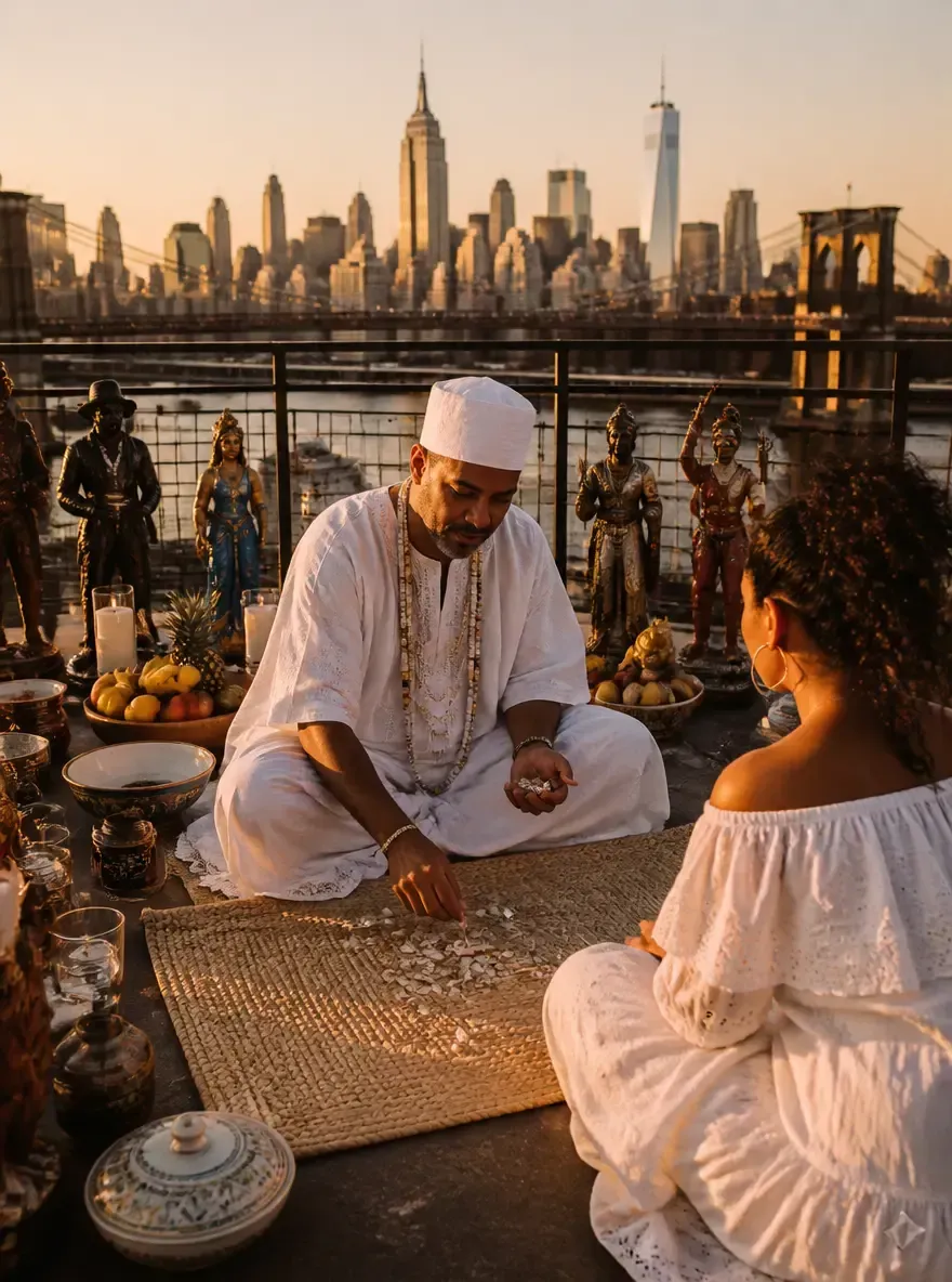 Babalawo Javier realizando consulta espiritual en New York con oráculo de Ifá y caracoles o dilogun