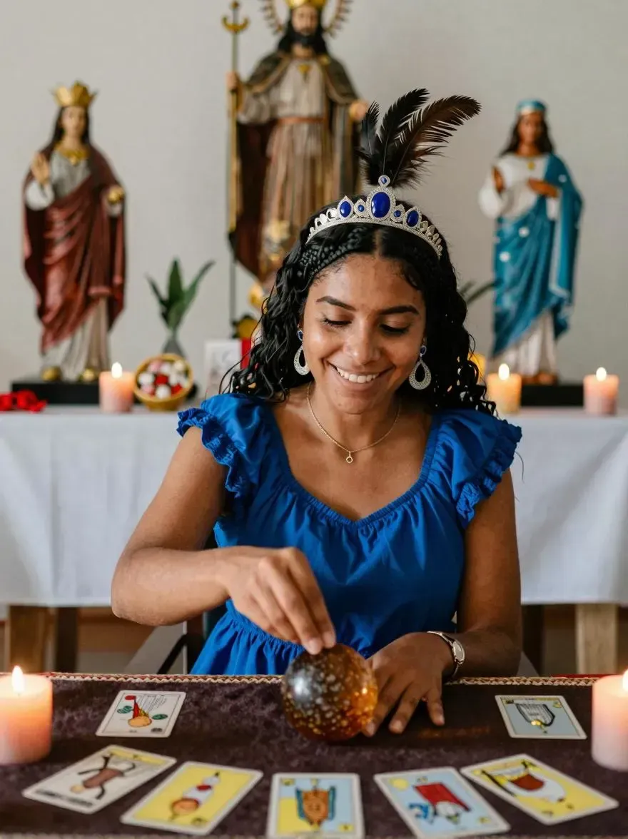 oráculo del dilogun y tarot Santera Alexandra consultando espiritualmente con dilogun o caracoles