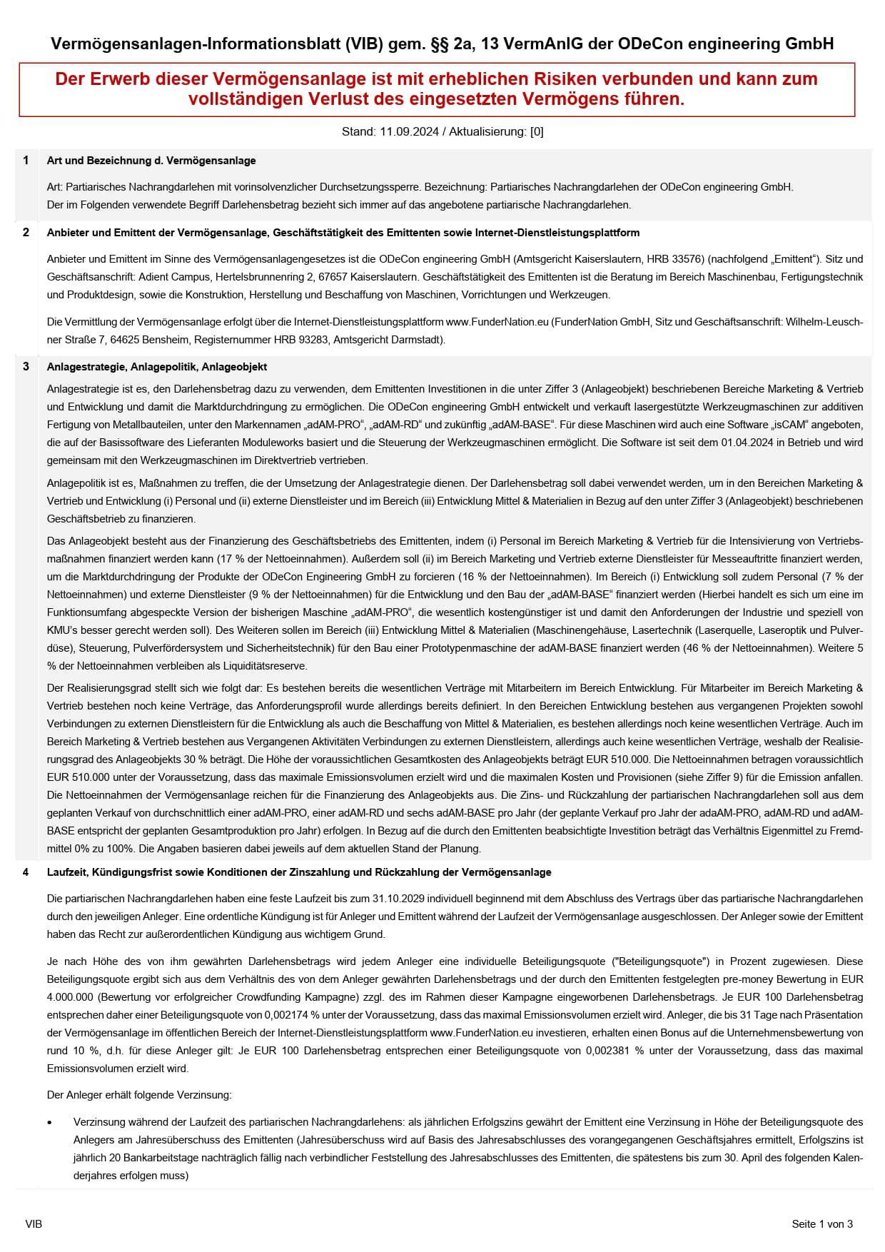 Seite 1: Vermögensanlagen-Informationsblatt (VIB) gem. §§ 2a, 13 VermAnlG Seite 1: Vermögensanlagen-Informationsblatt (VIB) gem. §§ 2a, 13 VermAnlG