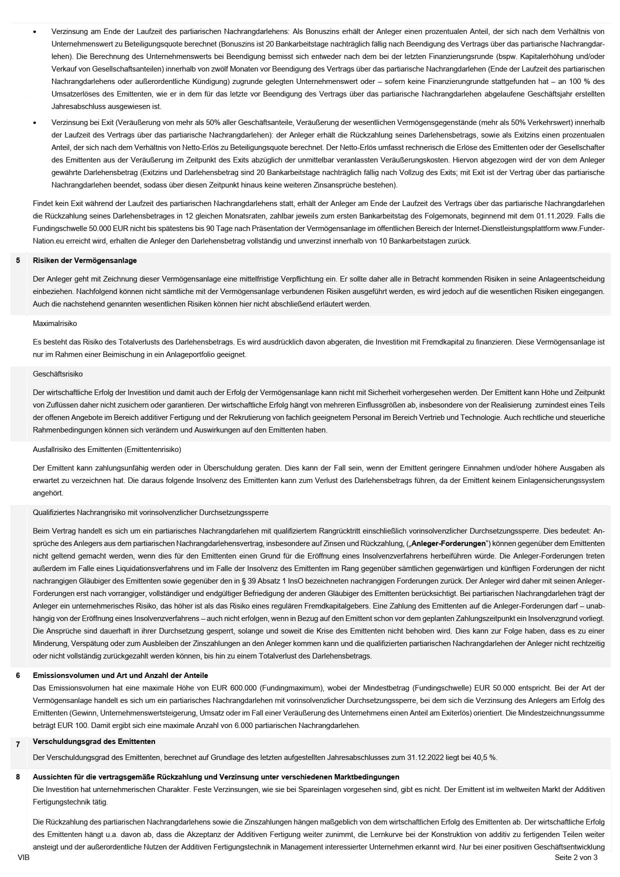 Seite 2: Vermögensanlagen-Informationsblatt (VIB) gem. §§ 2a, 13 VermAnlG Seite 2: Vermögensanlagen-Informationsblatt (VIB) gem. §§ 2a, 13 VermAnlG