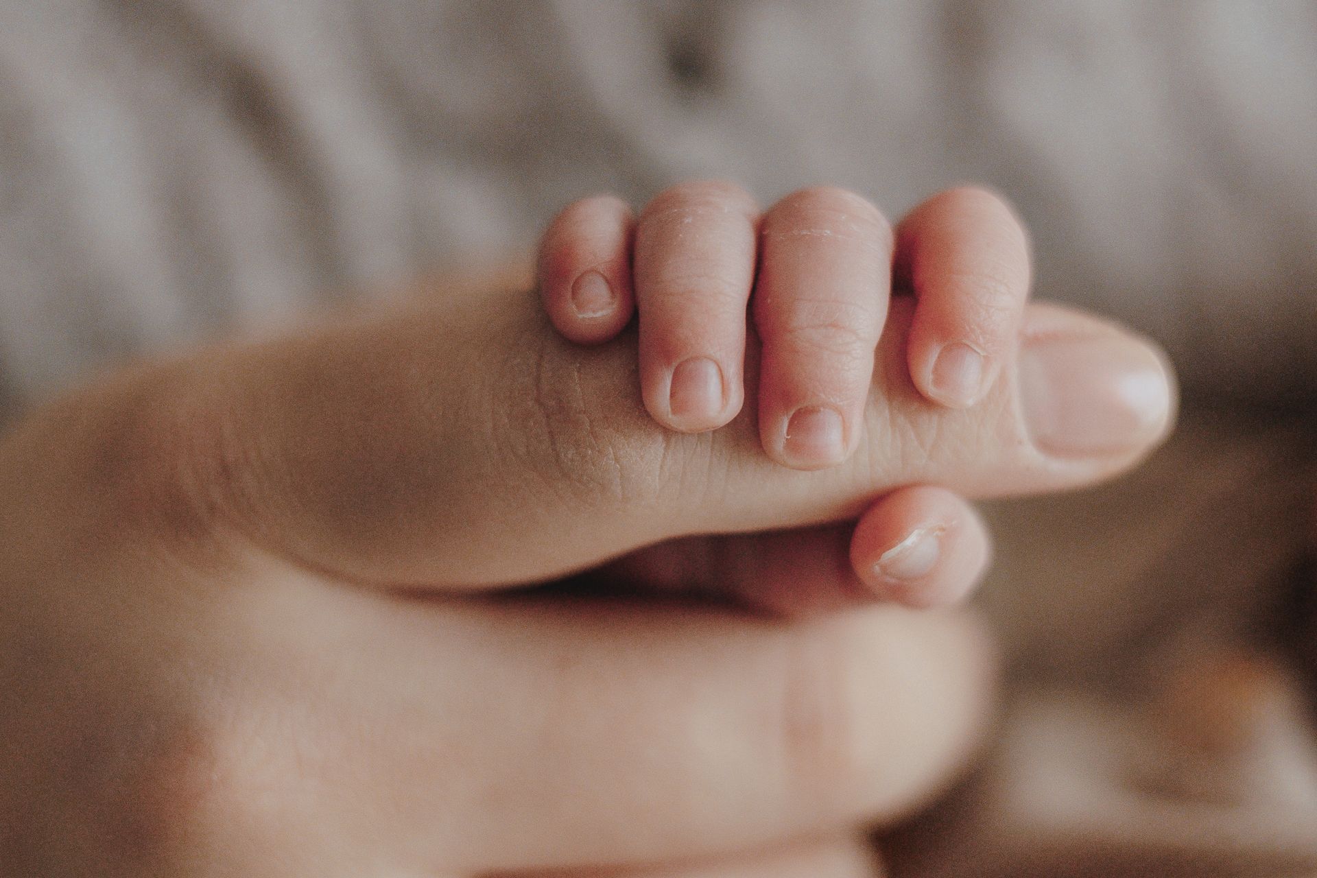 Neugeborenes Baby Hand umschlingt Papas Finger