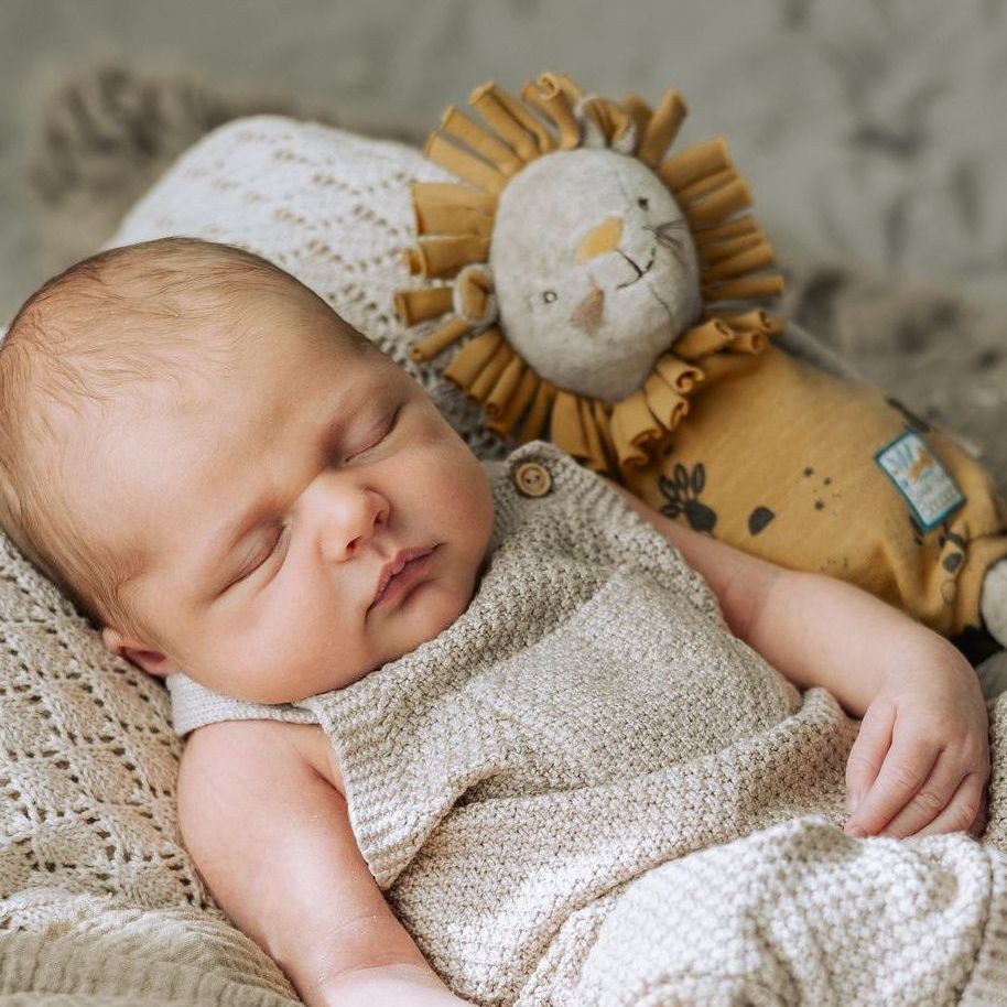 Neugeborenes Baby mit Löwenstofftier