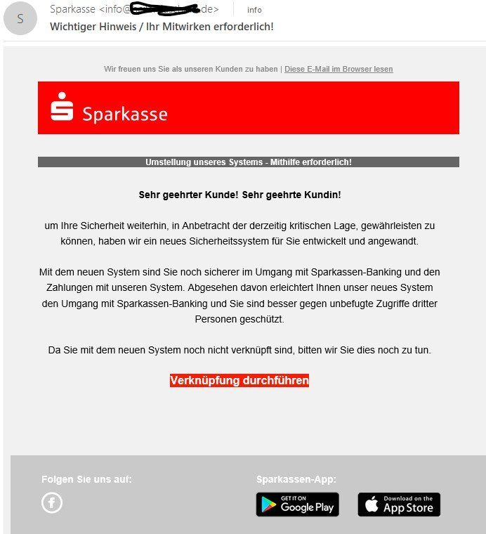 Mail die sich als Sparkassenmail tarnt und zu Virenseiten verlinkt Virus Sparkasse