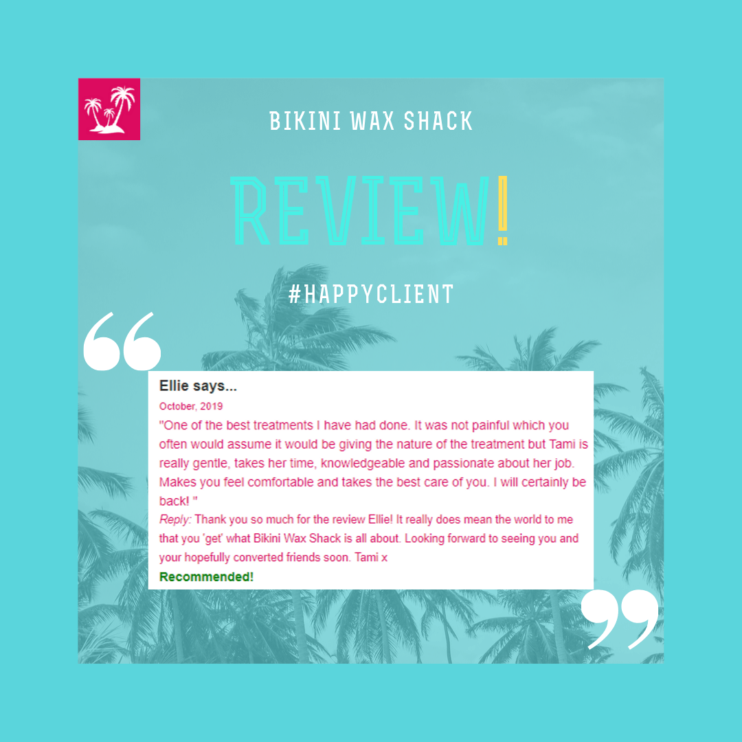 Review text image with hashtag happyclient blue background with palm trees