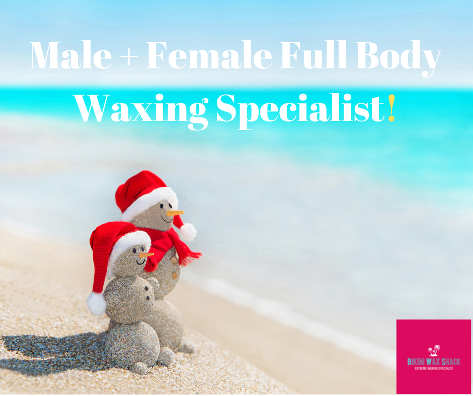 male + female snowman on a beach with slogan full body waxing specialist