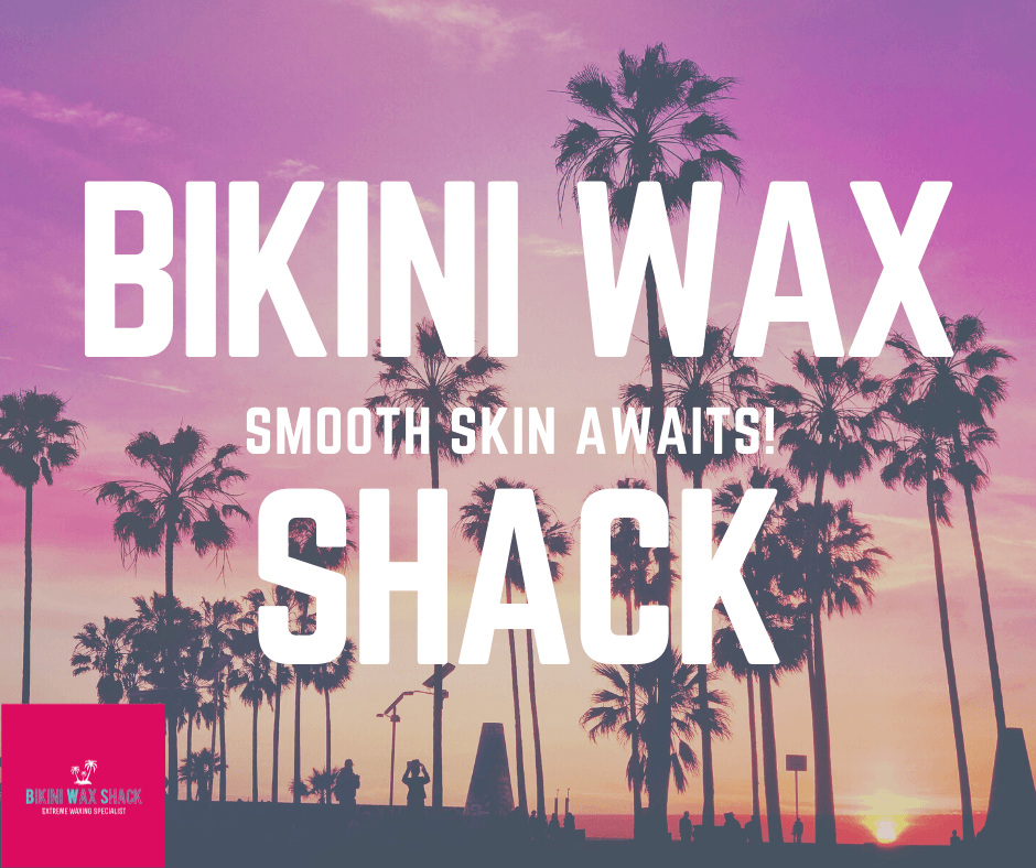 Purple sunset with palm trees slogan read Bikini Wax Shack Smooth Skin Awaits!