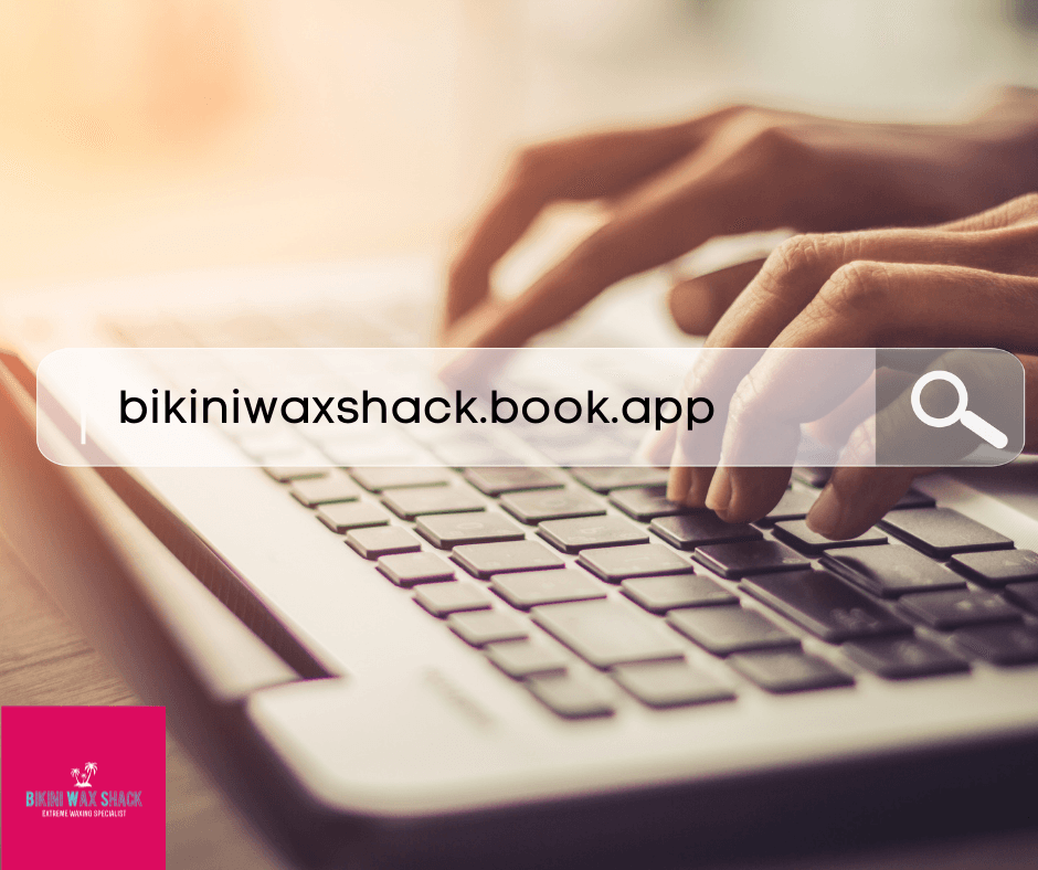 Typing bikiniwaxshack.book.app on a laptop