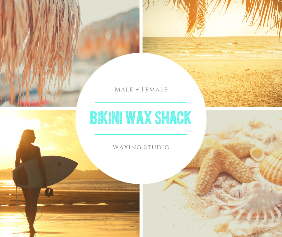 Beach scenes with Bikini Wax Shack Waxing studio centered within a circle