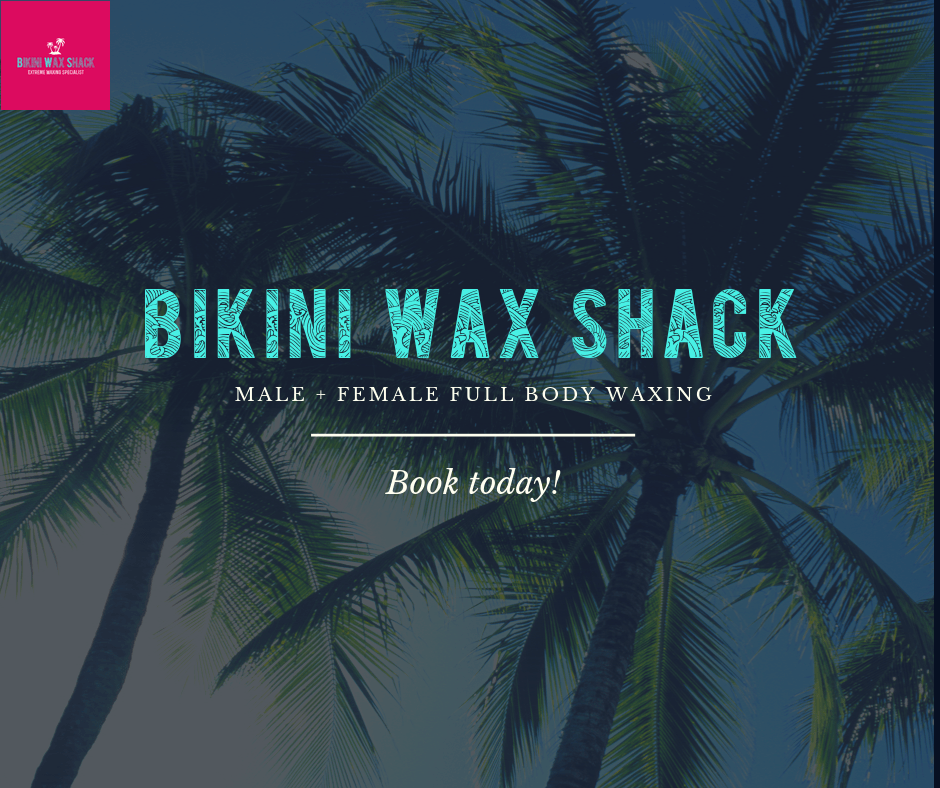 Palm trees at dusk with text overlay reading Bikini Wax Shack, book now