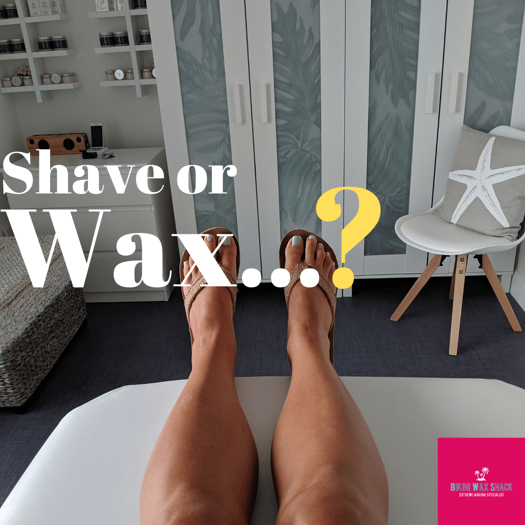 Image of legs on a treatment couch, slogan to shave or wax