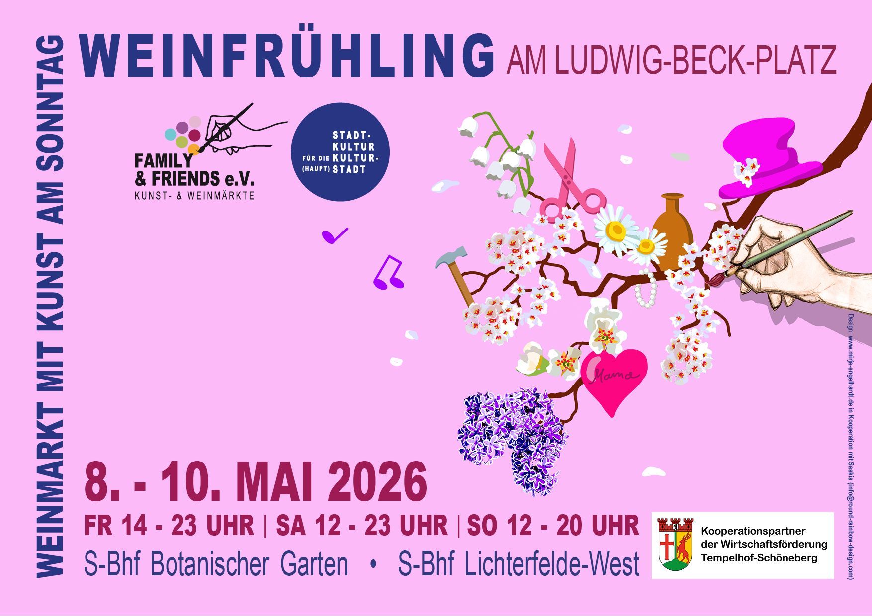 Plakat zum Weinfrühling 2026 am Ludwig‑Beck‑Platz mit floralen und kreativen Illustrationen.