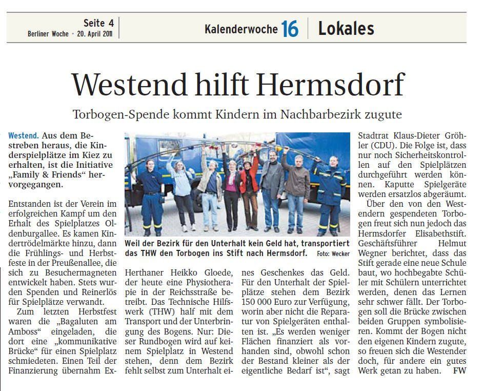 Artikel: ‚Westend hilft Hermsdorf‘ – Torbogen-Spende für Kinder im Nachbarbezirk