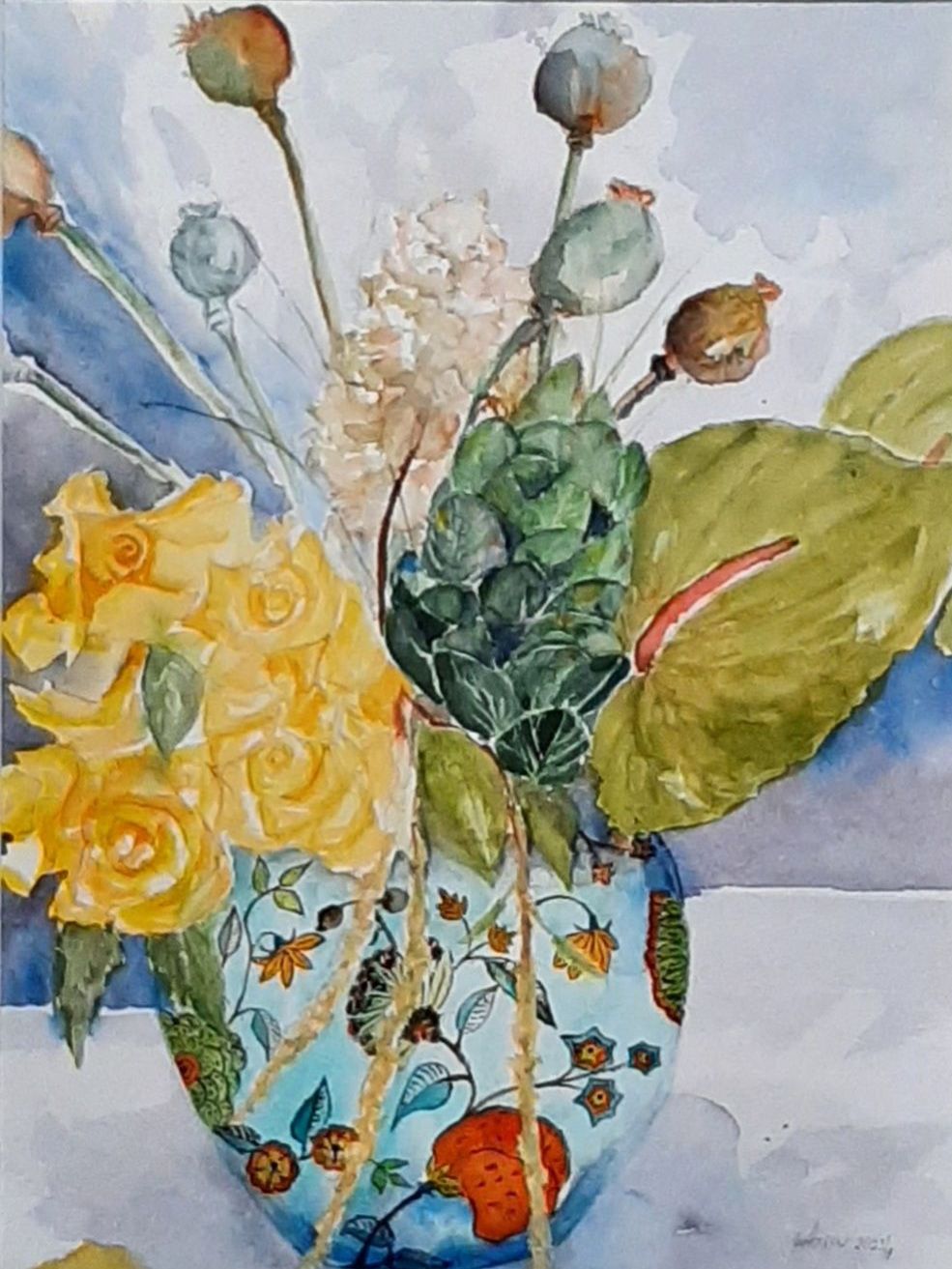 Ingeborg Glasers Bild zeigt abgeblühte Mohnblumen in der Vase, dazu gelbe Rosen, wie sie ebenfalls kurz vor dem Verwelken sind.